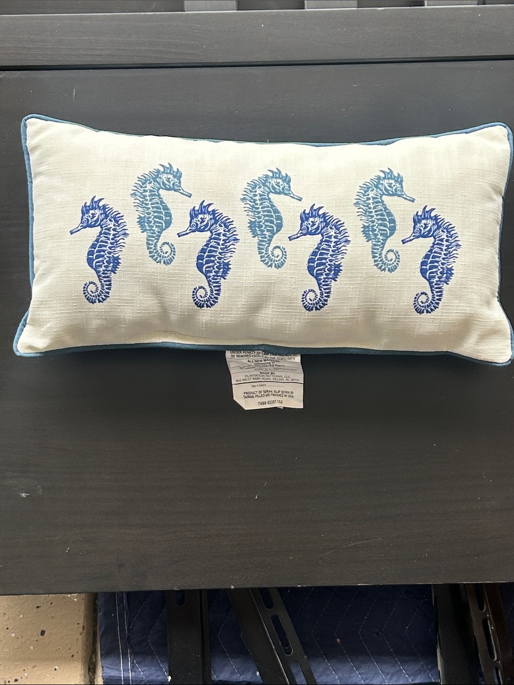 Coastal Seahorse Embroidered Lumbar Pillow - Blue on Cream